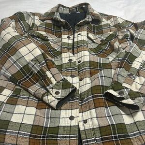 Duluth Trading Co Plaid Shirt Jacket in Olive, Chestnut, and Ivory